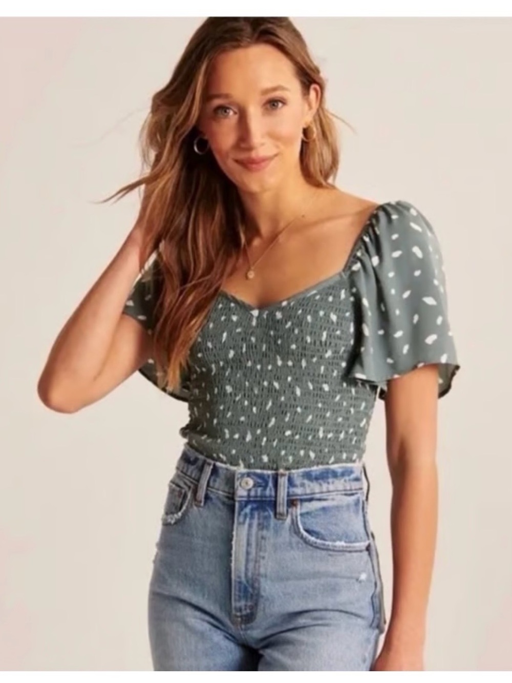 Abercrombie & Fitch Sage Smocked Crop Top with White Dot Print
